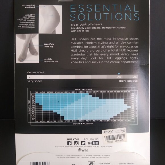 New Hue Essential Solutions Clear Control Sheer Pantyhose Black Size 2 #5972N - Picture 3 of 5